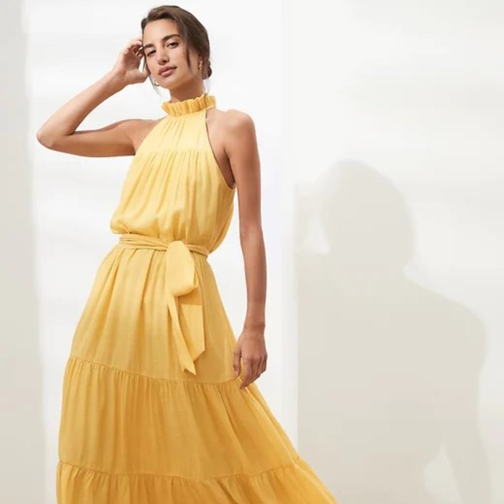 Banana Republic Ruffle-Neck Tiered Midi Dress Calm Yellow